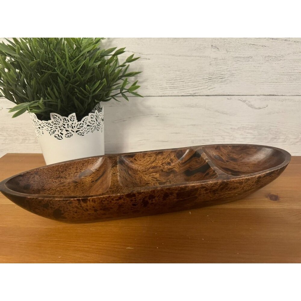 3 Compartment Hand Carved Mango Wood Serving Decorative Bowl Made in Thailand